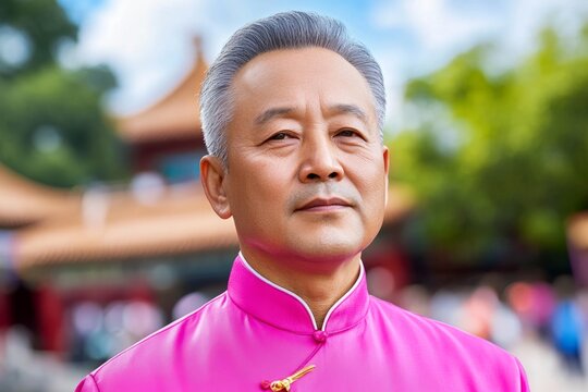A Tai Chi student wearing traditional Chinese attire, focused in a meditative pose