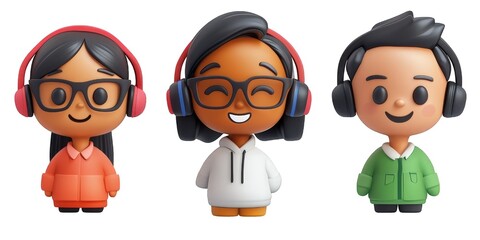 3d icon Three friendly customer service representatives are smiling while wearing headsets and holding laptops, providing excellent online support cutout on a transparent background