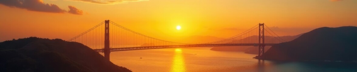 Fototapeta premium Warm golden light spreads across the sky and suspension bridge at sunset, yellow, golden hour, light