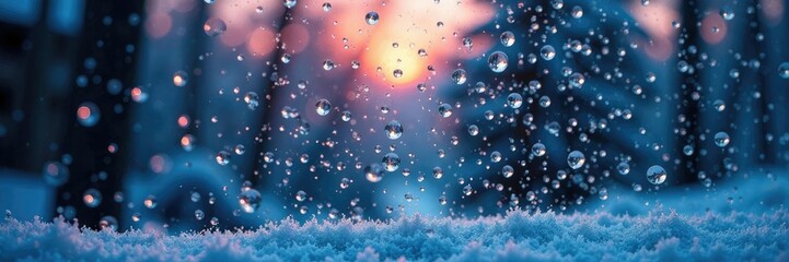 Water droplets glisten on a frosty windowpane like tiny jewels, water droplets, crystal