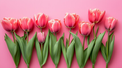 Fototapeta premium Beautiful composition spring flowers. Bouquet of pink tulips flowers on pastel pink background. Valentine's Day, Easter, Birthday, Happy Women's Day, Mother's Day. Flat lay, top view, copy space