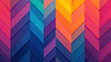 Obraz premium A vibrant, geometric pattern of chevron shapes in varying shades of blue, purple, orange, and pink, creating a visually striking design.