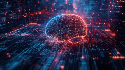 Obraz premium Digital brain surrounded by data streams and glowing particles.