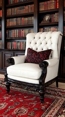Elegant white armchair with red accent pillow in a cozy library setting