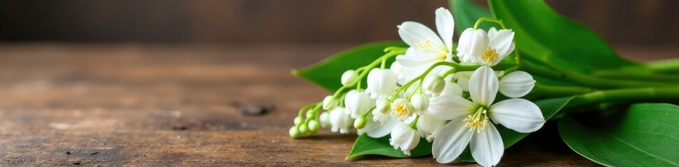 Obraz premium Wooden table holds fragrant lily of the valley bunch, arrangement, wood, botanical