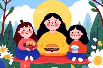 Naklejka premium A family enjoying a picnic in a sunny park, with a blanket, sandwiches, and a frisbee