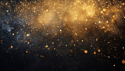 Fototapeta premium Golden Glitter Shimmers on Dark Background, Sparkling Dust Creates Festive Atmosphere, Luxurious Design for Celebration Events