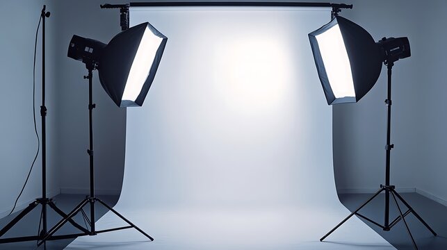 Professional photography studio with a white backdrop and two large studio lights