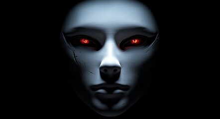 Eerie horror mask with glowing red eyes dark 