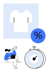T-shirt icon, percentage symbol, stopwatch, woman searching on laptop. Ideal for retail, e-commerce, sales, discounts, time management consumer behavior abstract line flat metaphor