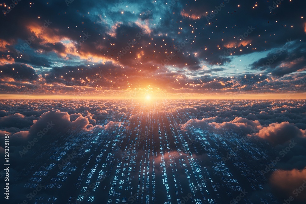 Poster digital code flows through sunset cloudscape: abstract data streams above the heavens at dawn