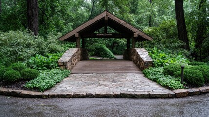 Wooden Gazebo Entrance in a Lush Garden