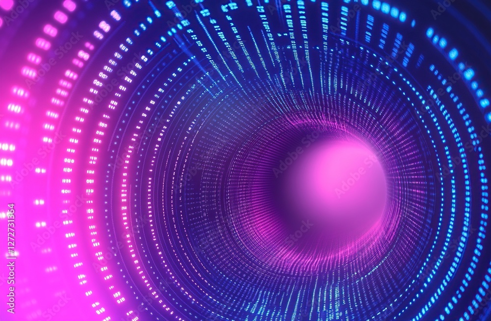 Poster digital data streams visualized: abstract tunnel of binary code, glowing in vibrant neon purple and 