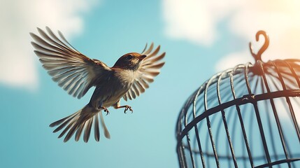 Fototapeta premium small bird with wings fully spread, flying out of an open metal cage