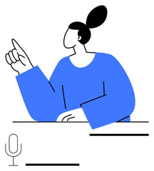 Person with raised hand and microphone below, symbolizing expression, communication, and sharing ideas. Ideal for education, public speaking, teamwork, podcasts, debates leadership abstract line