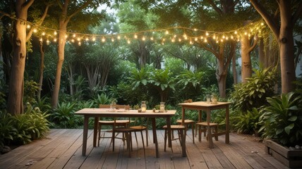 Fototapeta premium Serene outdoor dining space with wooden table and chairs under a string of warm lights, surrounded by lush green foliage on a wooden deck.