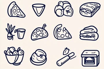 A minimalist icon set featuring different pizza-related symbols, like slices, ovens, and rolling pins