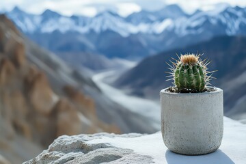 A minimalist interior design image with a small cactus in a cement pot, placed on a white surface, highlighting the simplicity of modern home dÃ©cor.