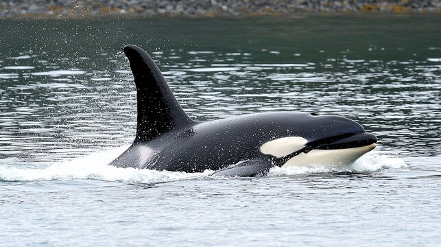 Orca whale surfacing in ocean water.