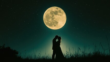 A dreamy silhouette of a couple embracing under a glowing full moon, with a clear, starlit sky above