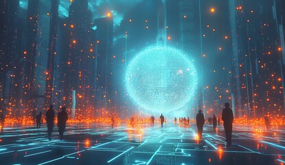 Futuristic Cityscapes: Digital Sphere Illuminates Urban Pathways at Night with Glowing Particles, Metaverse Ambiance