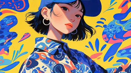 Stylish girl in vibrant clothing; abstract background; portrait; fashion illustration; possible use for fashion magazine or social media