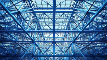 Exploring Abstract Steel Structures: Geometric Design of Modern Architecture, Engineering Marvels in Blue Hues