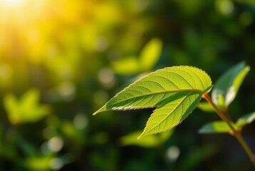 Close-up of Vibrant Green Leaves with Soft Sunlight Bokeh Background