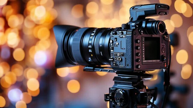 Camera setup for creative photography with bokeh lights in the background during evening hours