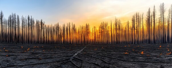 Obraz premium Desolate Forest Landscape After Wildfire at Sunset with Smoke