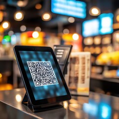 Digital Tablet Displaying QR Code in a Modern Cafe with Warm Lighting and Blurred Background Showing Customer Interactions and Fresh Food Options