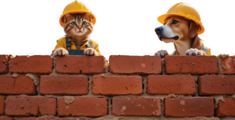 Adorable Cat and Dog Construction Workers Peeking Over Brick Wall