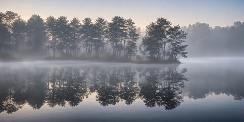 Fototapeta premium Serene Dawn Misty Lake Reflecting Silhouetted Trees in a Tranquil, Still Water Scene