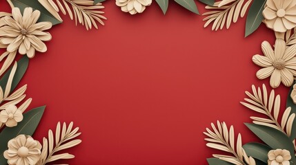 Wedding invitations luxury embossed concept. A decorative frame of cream flowers and green leaves on a rich red background, creating a warm and inviting atmosphere.