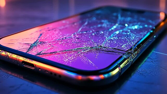 Shattered Smartphone Screen: A Close-Up of a Cracked Mobile Phone Display