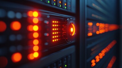 Close-Up of Server Room Technology with Illuminated LED Lights