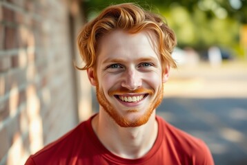 Smiling Young Man with Red Hair and Beard Standing Against a Brick Wall
