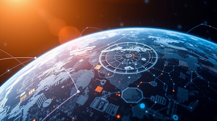 Fototapeta premium Futuristic Global Network and Connectivity Concept Showing Earth with Digital Grids and Data Visualizations