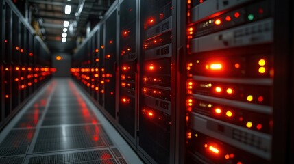 Data Center with Illuminated Server Racks and Cooling System