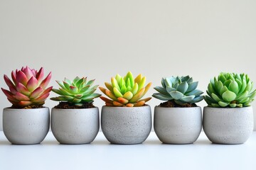 A set of beautiful succulent plants in sleek cement pots, placed in a row on a white surface, representing nature, home decor, and eco-friendly gifts.