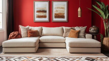 Stylish living room featuring deep red hues and cozy modern furniture with artistic accents