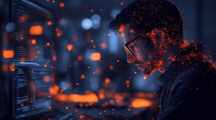 Focused Programmer Analyzing Data with Digital Effects at Night