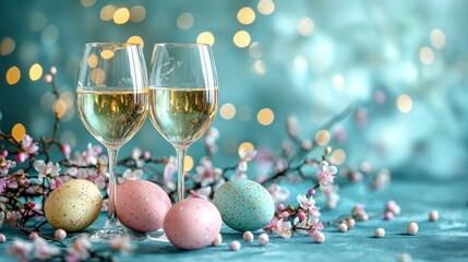 Celebratory toast with sparkling wine and easter eggs spring setting festive mood