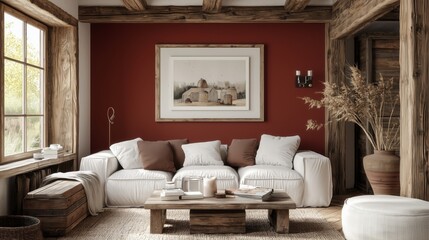 Deep red hues create a warm and inviting atmosphere in this contemporary rustic living room close to nature