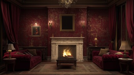 Elegant deep red interior featuring classic decor and a cozy fireplace setting perfect for an intimate gathering