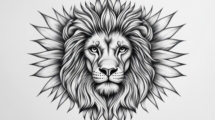 Obraz premium A lion head tattoo featuring a radiant sunburst behind, symbolic of power and vitality, with intricate shading