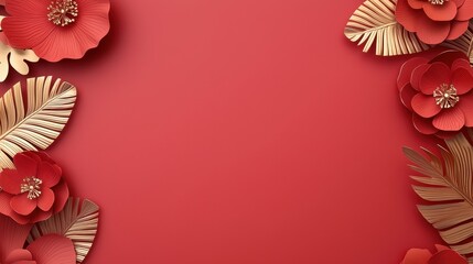 Wedding invitations luxury embossed concept. A vibrant red background adorned with elegant red flowers and golden leaves, perfect for a decorative or artistic presentation.