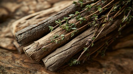 Fototapeta premium Fresh Thyme Sprigs Resting on Aged Wooden Logs
