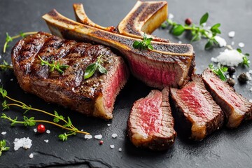 Grilled tomahawk steak sliced, herbs, dark background, restaurant menu
