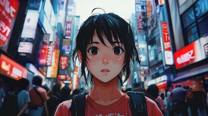 A cyberpunk cityscape alive with neon signs and bustling crowds 